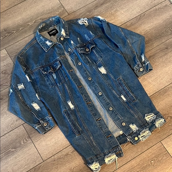 Audrey 3 plus 1 Distressed Denim Jacket long small - Picture 2 of 4
